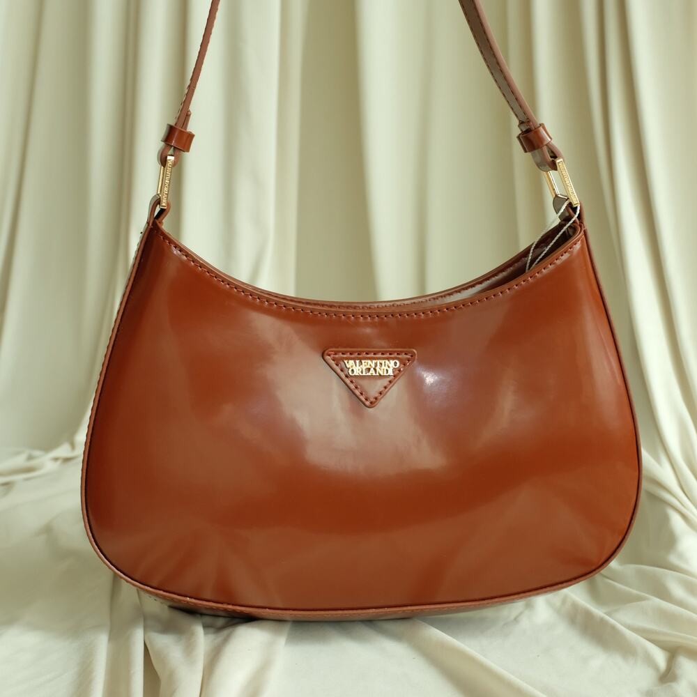 Valentino Orlandi Crescent Shoulder Bag - Brown/Red Glossy, Gold Hardware, NWT
